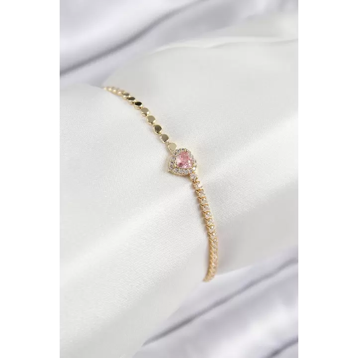 Pirinç Zirkon Taşlı Kalp Model Ezme Zincir Gold Renk Kadın Bileklik