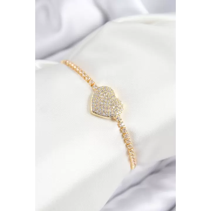 Pirinç Zirkon Taşlı Kalp Model Gold Renk Asansörlü Kadın Bileklik