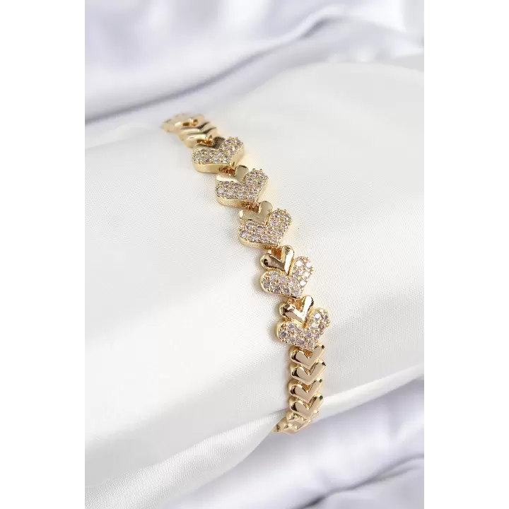 Pirinç Zirkon Taşlı Kalp Model Gold Renk Kadın Bileklik