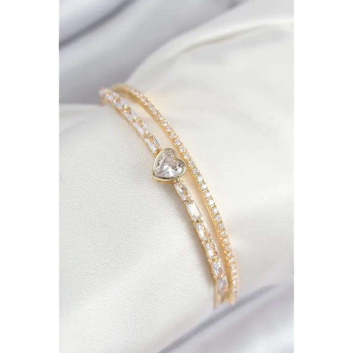 Pirinç Zirkon Taşlı Kalp Model Gold Renk Kadın Bileklik