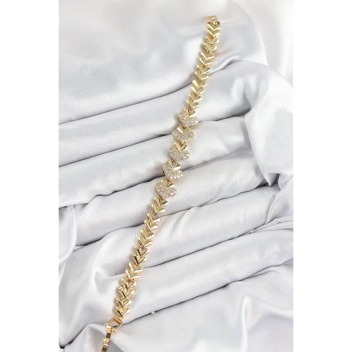 Pirinç Zirkon Taşlı Kalp Model Gold Renk Kadın Bileklik
