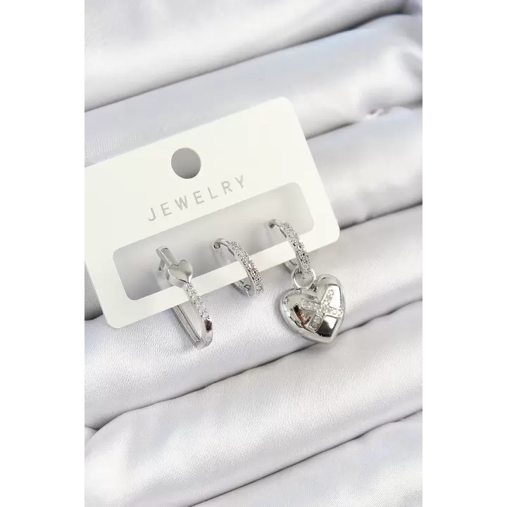 Pirinç Zirkon Taşlı Kalp Model Gümüş Renk 3lü Çift Kadın Küpe Set