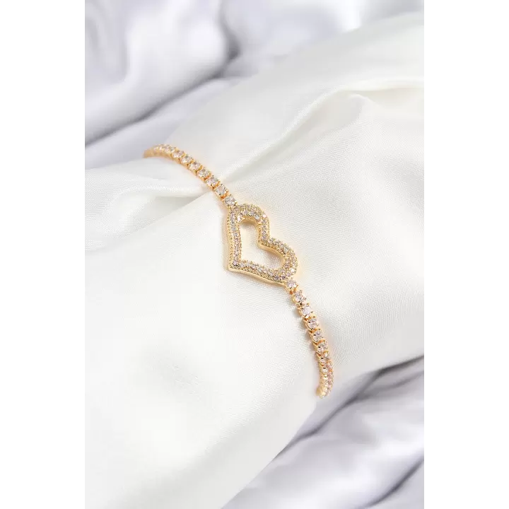 Pirinç Zirkon Taşlı Kalp Model Gümüş Renk Asansörlü Kadın Bileklik