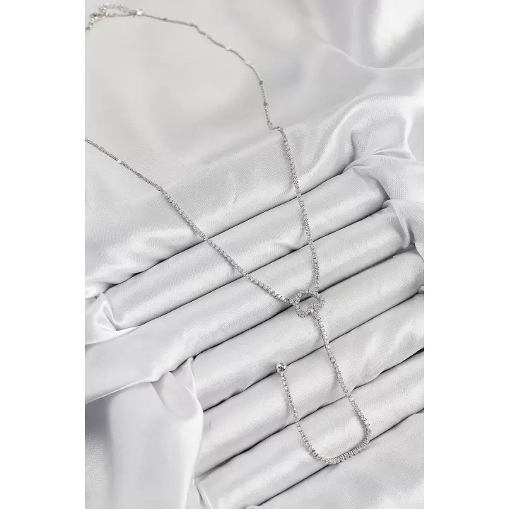 Pirinç Zirkon Taşlı Kalp Model Gümüş Renk  Y Kolye