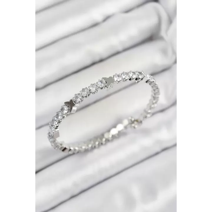 Pirinç Zirkon Taşlı Kalp Model Gümüş Renk Yaylı Kadın Bileklik