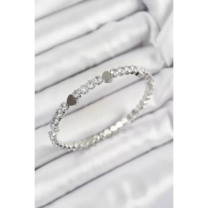 Pirinç Zirkon Taşlı Kalp Model Gümüş Renk Yaylı Kadın Bileklik