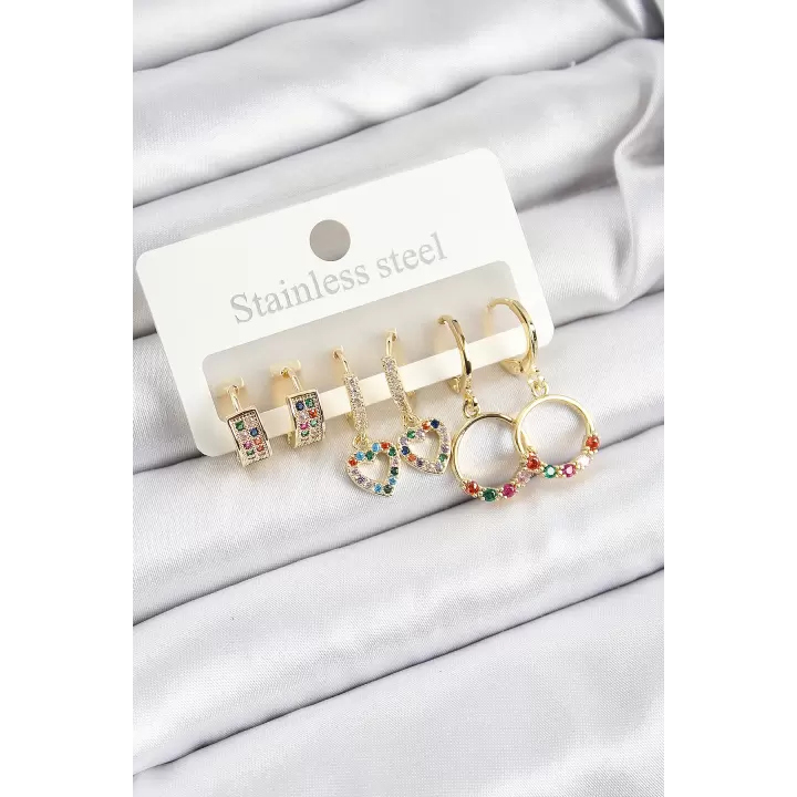 Pirinç Zirkon Taşlı Kalp Ve Halka Model Gold Renk 6lı Set Kadın Küpe