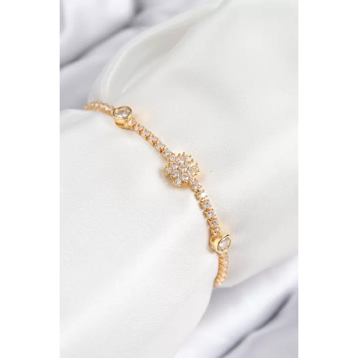 Pirinç Zirkon Taşlı Kar Tanesi Model Gold Renk Asansörlü Kadın Bileklik