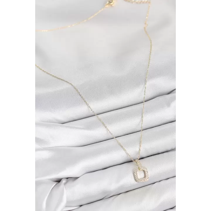 Pirinç Zirkon Taşlı Kare Model Gold Renk Kadın Kolye