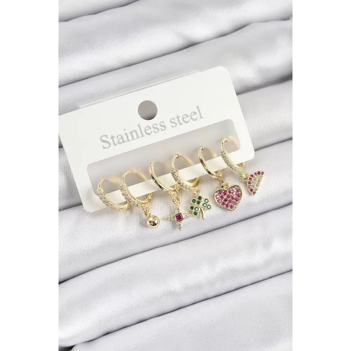 Pirinç Zirkon Taşlı Karpuz Yonca Kalp Pusula Karışık Model Gold Renk 6lı Set Kadın Küpe