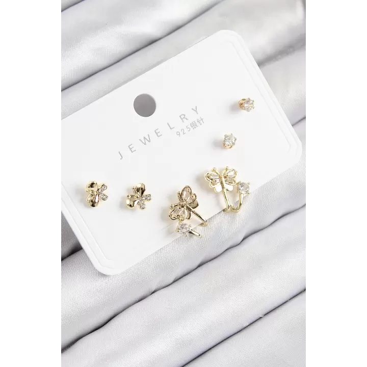 Pirinç Zirkon Taşlı Kelebek Model Gold Renk 925 Ayar Gümüş Çivi Kadın Küpe Set