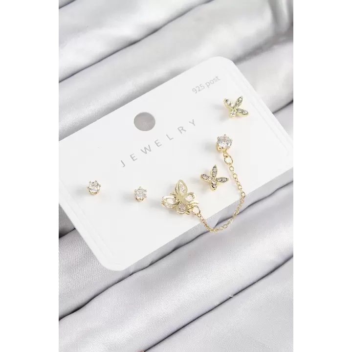 Pirinç Zirkon Taşlı Kelebek Model Gold Renk 925 Ayar Gümüş Çivi Kadın Küpe Set