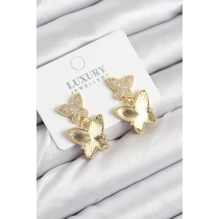 Pirinç Zirkon Taşlı Kelebek Model Gold Renk Kadın Küpe