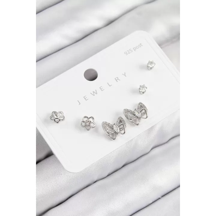 Pirinç Zirkon Taşlı Kelebek Model Gümüş Renk 925 Ayar Gümüş Çivi Kadın Küpe Set