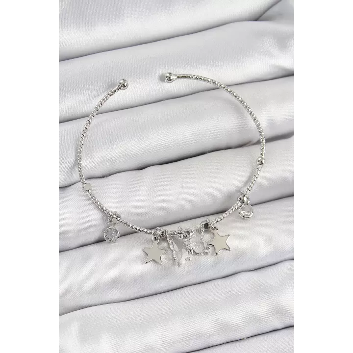 Pirinç Zirkon Taşlı Kelebek Ve Yıldız Model Gümüş Renk Charm Bileklik