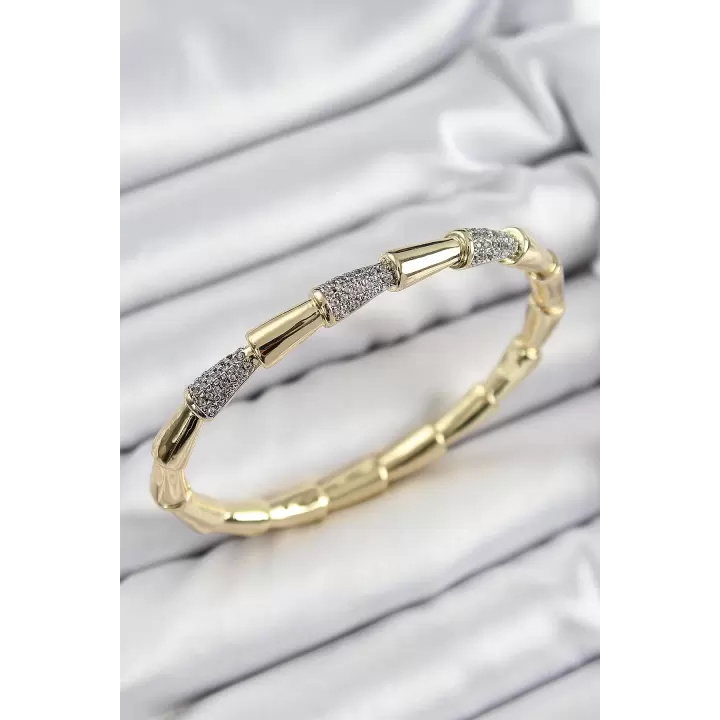 Pirinç Zirkon Taşlı Kemik Model Gold Renk Vip Kadın Bileklik