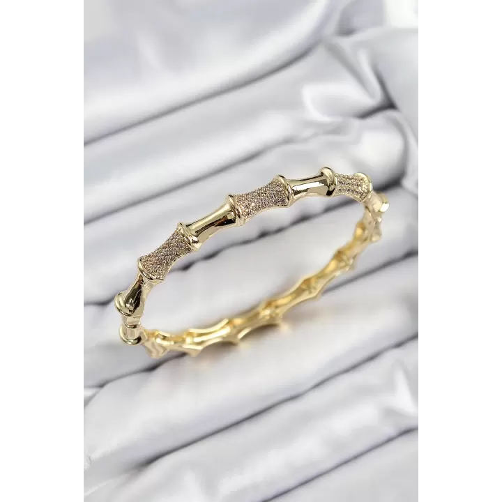Pirinç Zirkon Taşlı Kemik Model Gold Renk Vip Kadın Bileklik