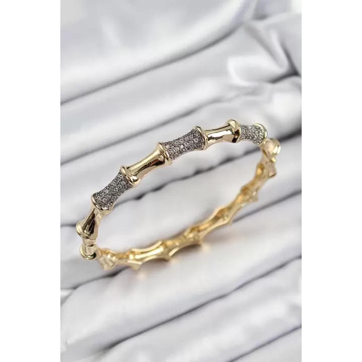 Pirinç Zirkon Taşlı Kemik Model Gold Renk Vip Kadın Bileklik