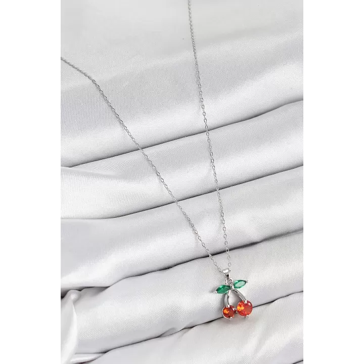 Pirinç Zirkon Taşlı Kiraz Model Gümüş Renk Kadın Kolye