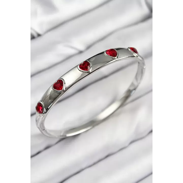 Pirinç Zirkon Taşlı Kırmızı Kalp Model Gümüş Renk Kadın Kelepçe