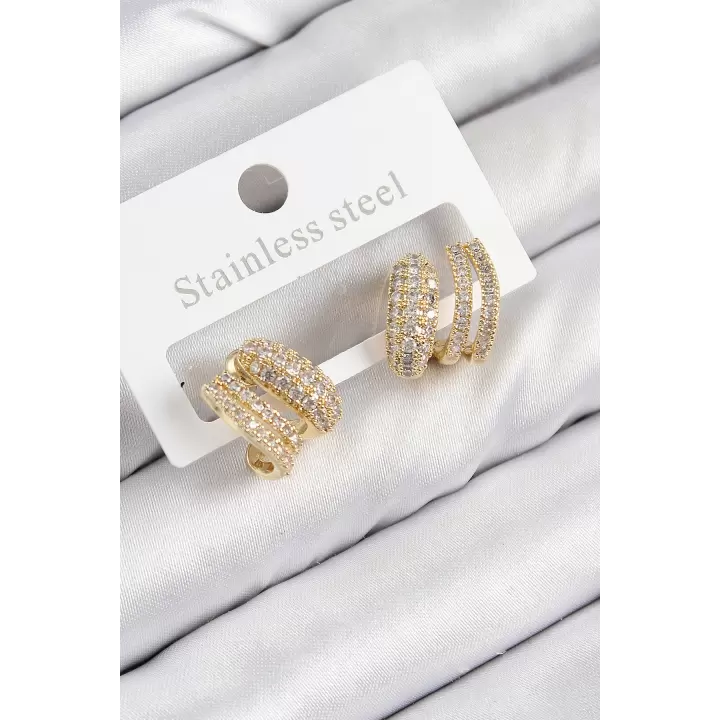 Pirinç Zirkon Taşlı Kıvrımlı Model Gold Renk Kadın Küpe