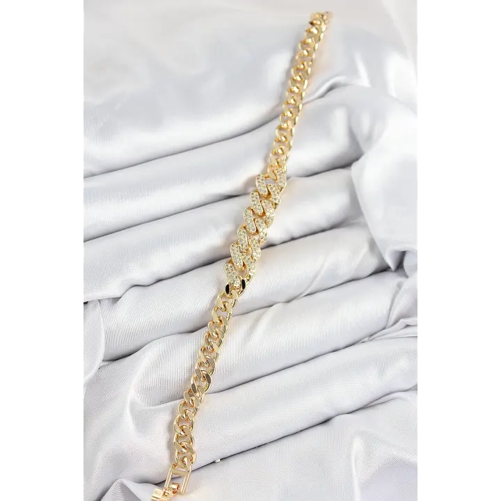 Pirinç Zirkon Taşlı Küba Zincir Model Gold Renk Kadın Bileklik