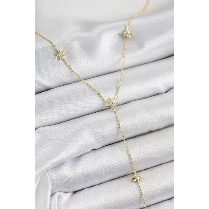Pirinç Zirkon Taşlı Kutup Yıldız Figürlü Y Model Gold Renk Kadın Kolye
