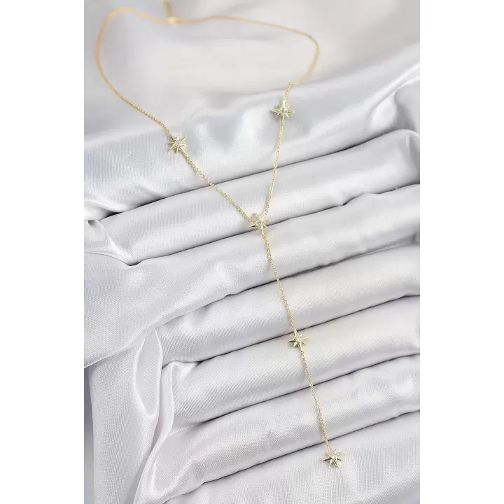 Pirinç Zirkon Taşlı Kutup Yıldız Figürlü Y Model Gold Renk Kadın Kolye