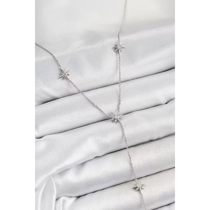 Pirinç Zirkon Taşlı Kutup Yıldız Figürlü Y Model Gümüş Renk Kadın Kolye