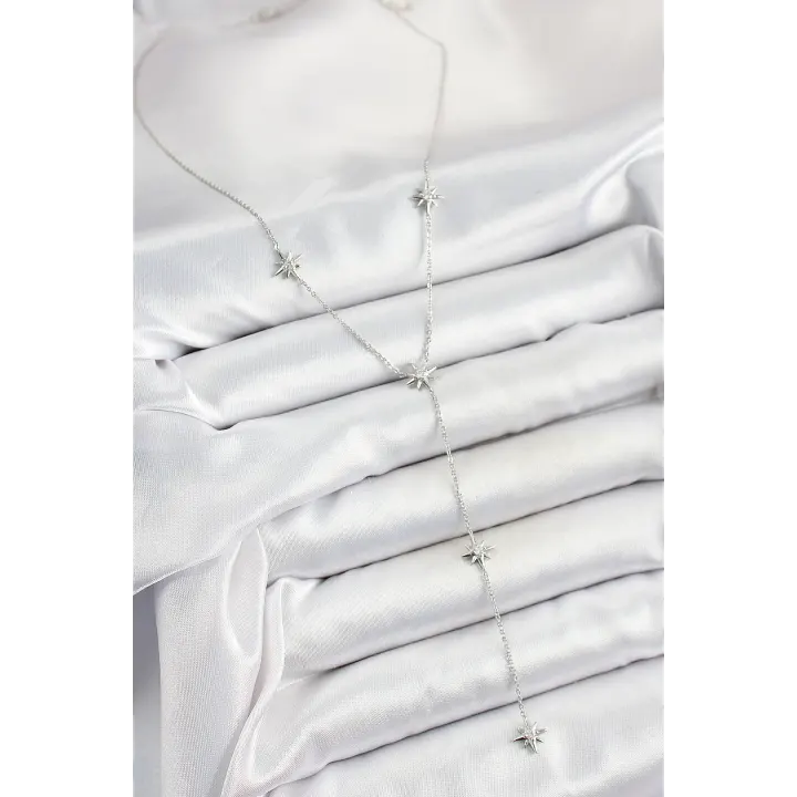 Pirinç Zirkon Taşlı Kutup Yıldız Figürlü Y Model Gümüş Renk Kadın Kolye
