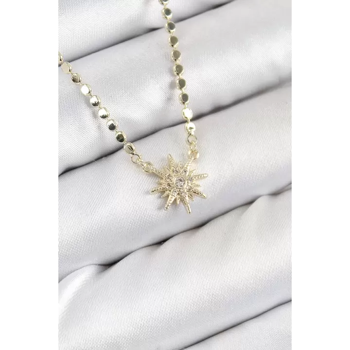 Pirinç Zirkon Taşlı Kutup Yıldızı Model Ezme Zincir Gold Renk Kadın Kolye