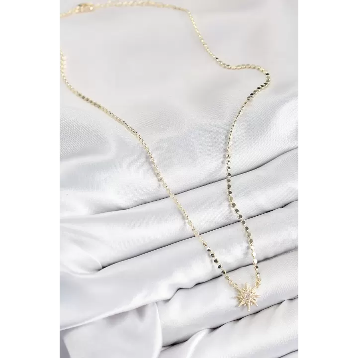 Pirinç Zirkon Taşlı Kutup Yıldızı Model Ezme Zincir Gold Renk Kadın Kolye
