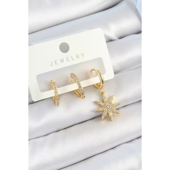 Pirinç Zirkon Taşlı Kutup Yıldızı Model Gold Renk 3lü Çift Kadın Küpe Set
