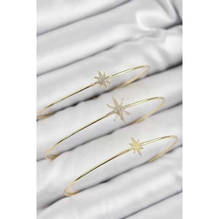 Pirinç Zirkon Taşlı Kutup Yıldızı Model Gold Renk Vip 3lü Kadın Bileklik