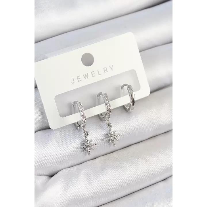Pirinç Zirkon Taşlı Kutup Yıldızı Model Gümüş Renk 3lü Çift Kadın Küpe Set