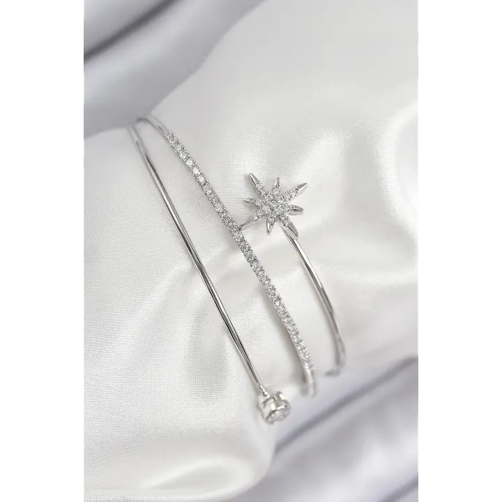 Pirinç Zirkon Taşlı Kutup Yıldızı Model Gümüş Renk Kadın Bileklik