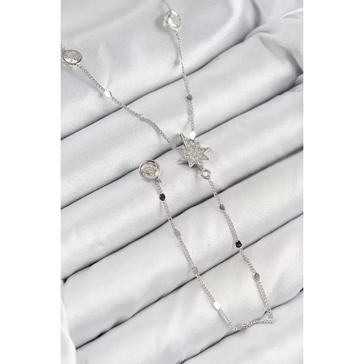 Pirinç Zirkon Taşlı Kutup Yıldızı Model Gümüş Renk Y Kolye