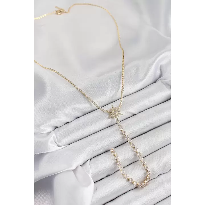 Pirinç Zirkon Taşlı Kutup Yıldızı Model Gümüş Renk Y Kolye