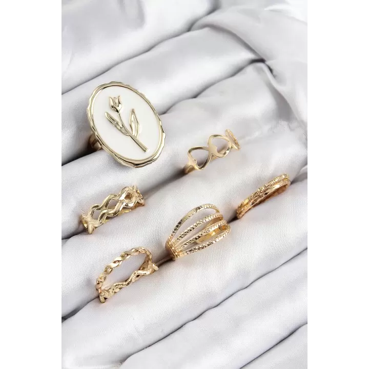 Pirinç Zirkon Taşlı Lale Model Gold Renk Kadın Yüzük Kombin Set