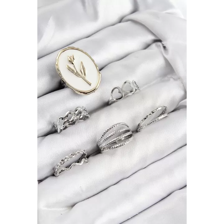 Pirinç Zirkon Taşlı Lale Model Gümüş Renk Kadın Yüzük Kombin Set