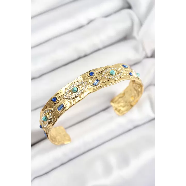 Pirinç Zirkon Taşlı Mavi Boncuklu Göz Model Gold Renk Altı Açık Kadın Bileklik