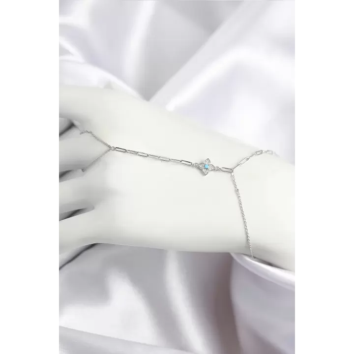 Pirinç Zirkon Taşlı Mavi Boncuklu Yonca Model Gümüş Renk Şahmeran