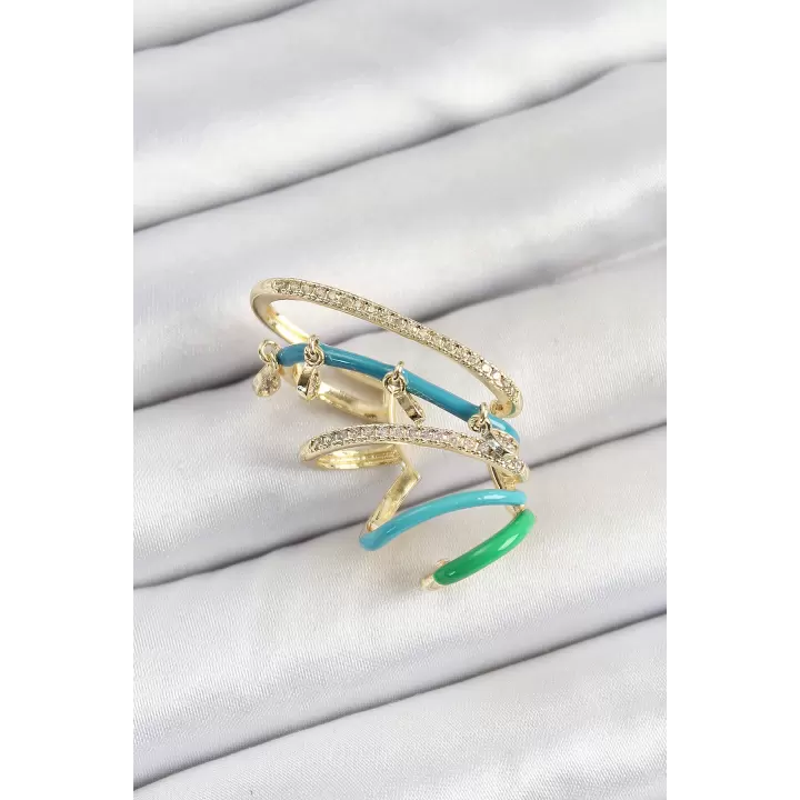 Pirinç Zirkon Taşlı Mavi Yeşil Sıkıştırma Sağ Kıkırdak Gold Renk Kadın Küpe