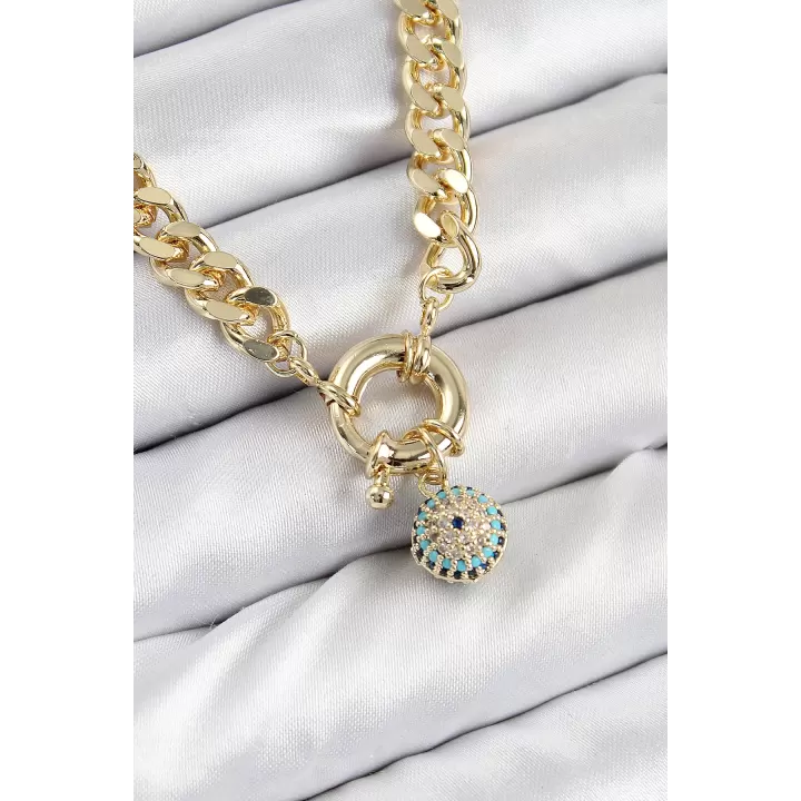Pirinç Zirkon Taşlı Nazar Boncuk Detaylı Klasik Zincir Model Gold Renk Kadın Kolye