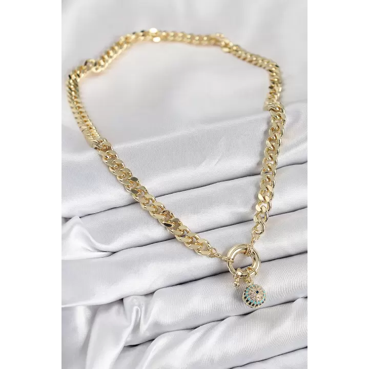 Pirinç Zirkon Taşlı Nazar Boncuk Detaylı Klasik Zincir Model Gold Renk Kadın Kolye
