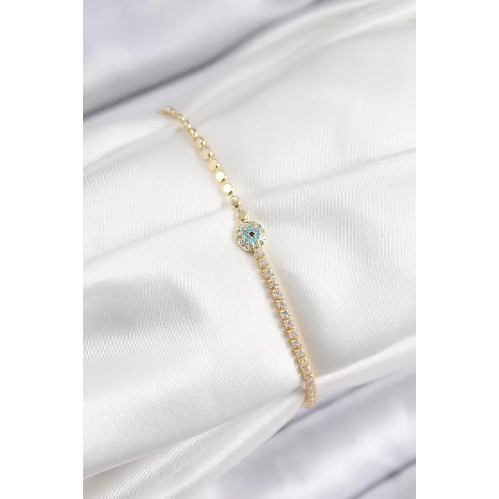 Pirinç Zirkon Taşlı Nazar Model Ezme Zincir Gold Renk Kadın Bileklik