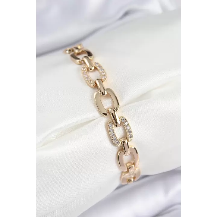 Pirinç Zirkon Taşlı Parçalı Zincir Model Gold Renk Kadın Bileklik