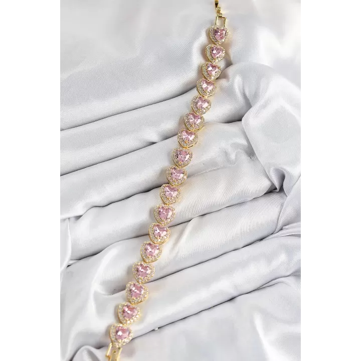 Pirinç Zirkon Taşlı Pembe Kalp Baget Model Gold Renk VIP Seri Kadın Bileklik