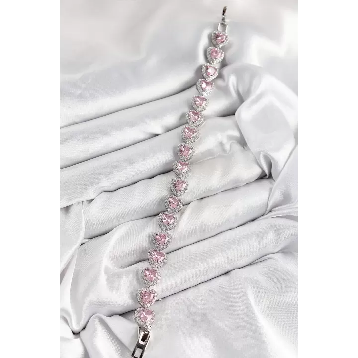 Pirinç Zirkon Taşlı Pembe Kalp Baget Model Gümüş Renk VIP Seri Kadın Bileklik