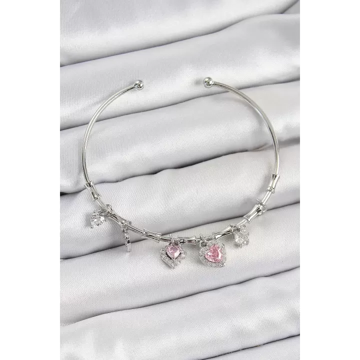 Pirinç Zirkon Taşlı Pembe Kalp Model Gümüş Renk Charm Bileklik